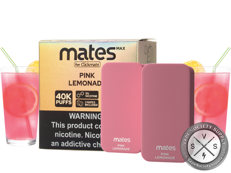 7 Daze Mates MAX 40K Pink Lemonade pods and box with glasses of pink lemonade