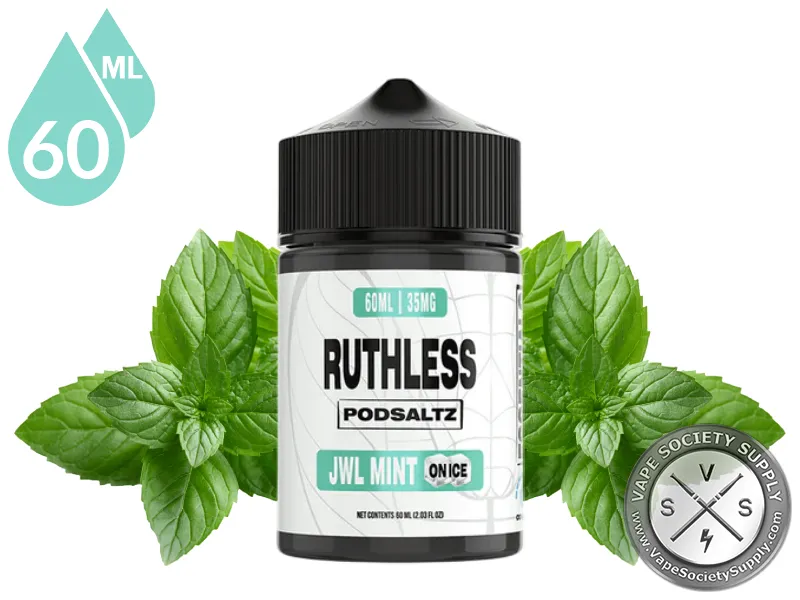 JWL Mint On Ice Ruthless Essentials Pod Salt 60ml bottle with mint leaves