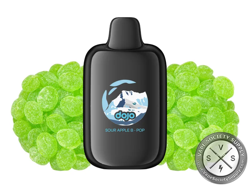 Vaporesso DOJO iMate X Sour Apple B-Pop pod in black, next to green apple gummy candies
