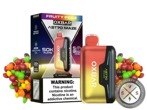 OXBAR Astro Maze 50K Fruity Pebz disposable vape and box with rainbow candies