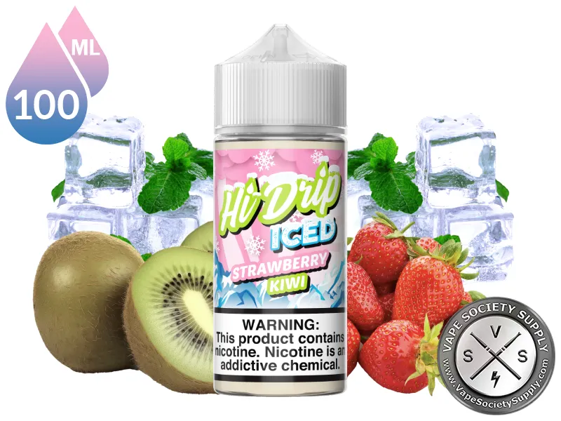 Strawberry Kiwi Iced by Hi Drip 100ml bottle with kiwi, strawberries, ice and mint leaves