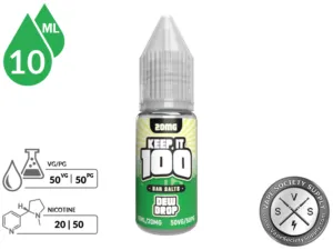 Dew Drop by Keep It 100 Bar Salt 10ml bottle with a 50/50 VG/PG icon and nicotine strength icons