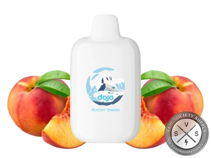 Vaporesso DOJO iMate X Peachy Smash pod in white, next to peaches