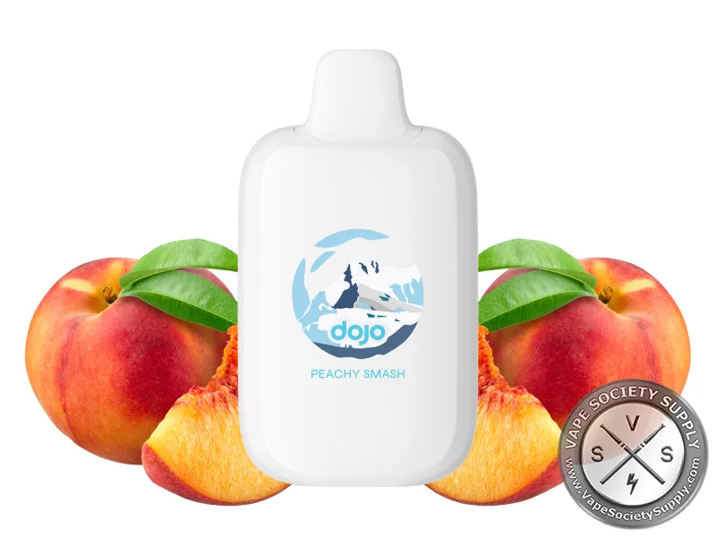 Vaporesso DOJO iMate X Peachy Smash pod in white, next to peaches
