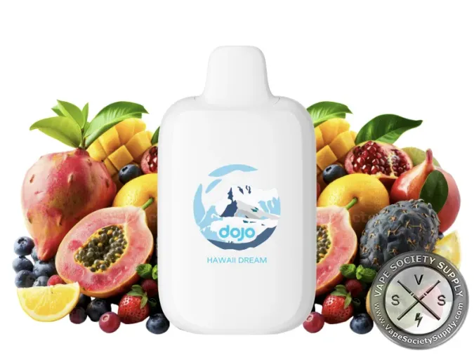 Vaporesso DOJO iMate X Hawaii Dream pod in white, next to papaya, dragon fruit and other tropical fruit