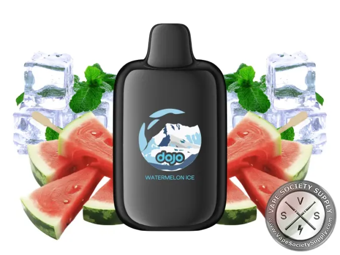 Vaporesso DOJO iMate X Watermelon Ice pod in black, next to watermelon slices, ice cubes and mint leaves