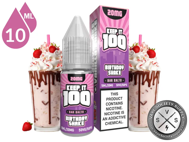 Shake by Keep It 100 Bar Salt 10ml bottle and box with strawberry milkshakes topped with whipped cream and chocolate drizzle