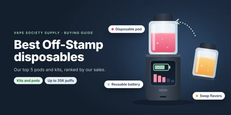 Buying guide graphic for Off-Stamp disposables: a pod docked on a reusable battery with a screen and a spare pod, with tags for the pod, battery, flavors and kits