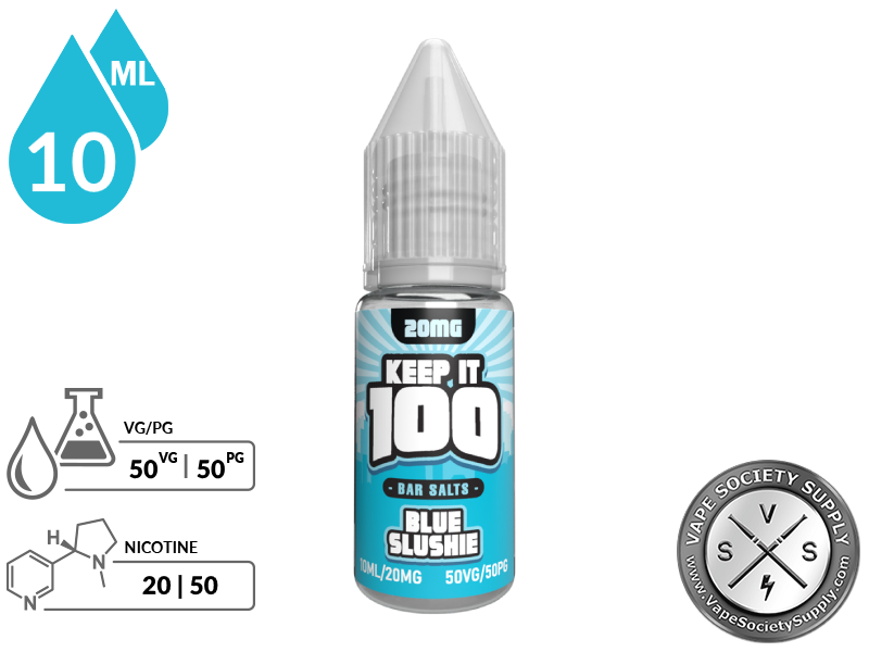 Blue Slushie by Keep It 100 Bar Salt 10ml bottle with a 50/50 VG/PG icon and nicotine strength icons