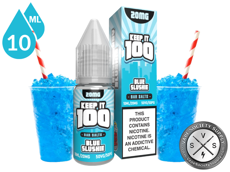 Blue Slushie by Keep It 100 Bar Salt 10ml bottle and box with cups of blue slushie with striped straws