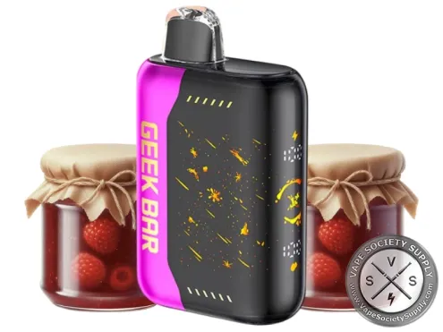 Geek Bar Pulse X Raspberry Jam disposable vape with a magenta side panel, next to jars of raspberry jam