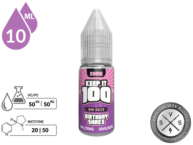 Shake by Keep It 100 Bar Salt 10ml bottle with a 50/50 VG/PG icon and nicotine strength icons
