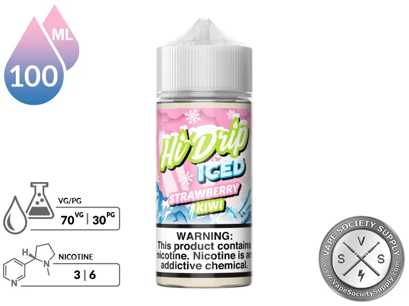 Strawberry Kiwi Iced by Hi Drip 100ml bottle with a 70/30 VG/PG icon and nicotine strength icons