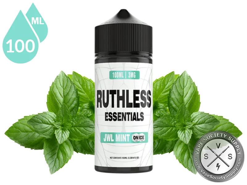JWL Mint On Ice Ruthless Essentials 100ml bottle with mint leaves