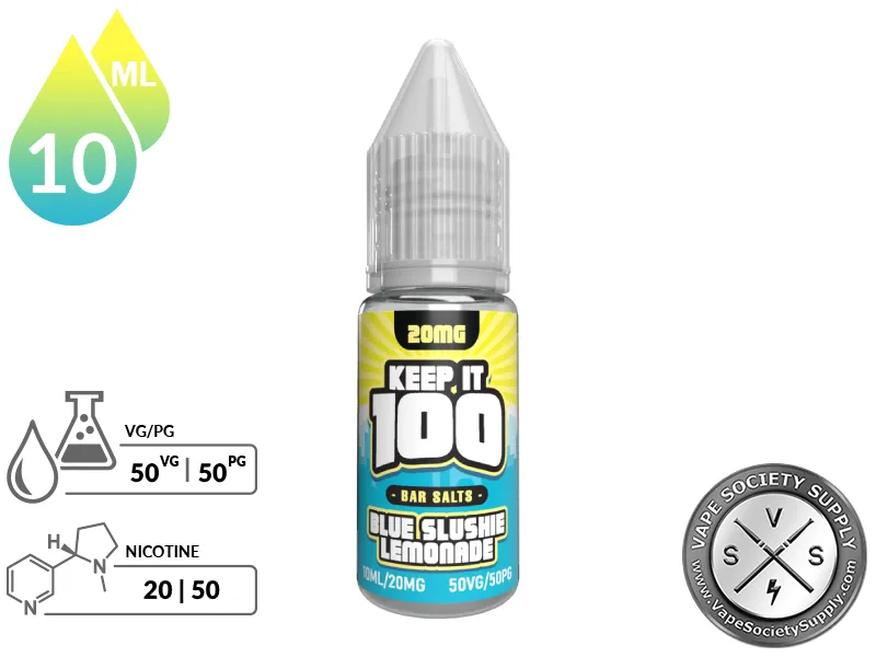 Blue Slushie Lemonade by Keep It 100 Bar Salt 10ml bottle with a 50/50 VG/PG icon and nicotine strength icons