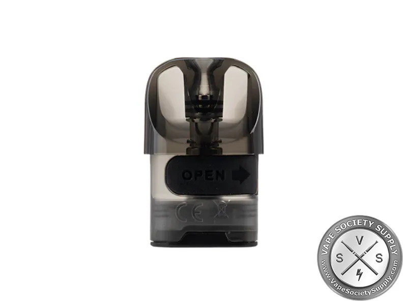 Lost Vape URSA pod from the side, with the silicone fill plug marked OPEN
