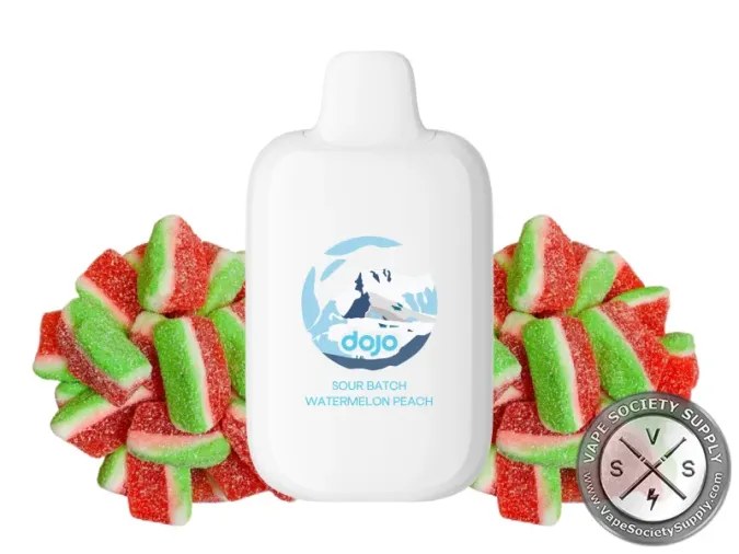 Vaporesso DOJO iMate X Sour Batch Watermelon Peach pod in white, next to watermelon sour candy strips
