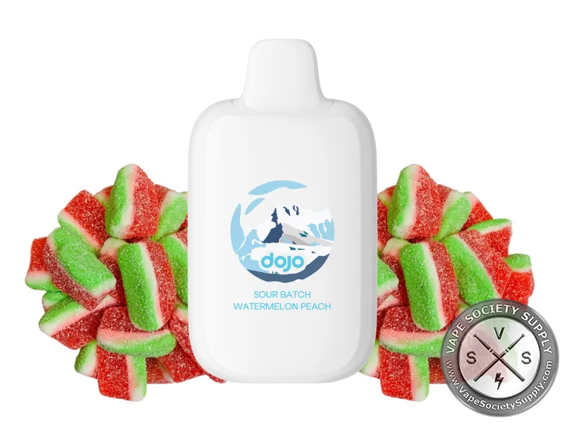 Vaporesso DOJO iMate X Sour Batch Watermelon Peach pod in white, next to watermelon sour candy strips