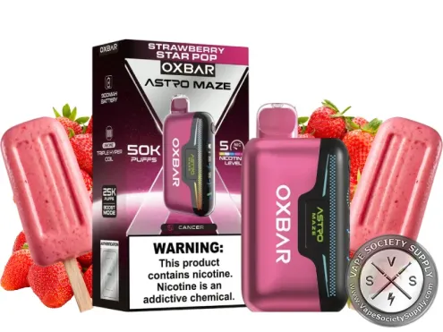 OXBAR Astro Maze 50K Strawberry Star Pop disposable vape and box with strawberry ice pops and strawberries