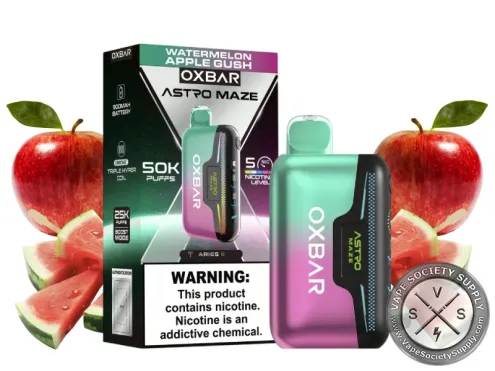OXBAR Astro Maze 50K Watermelon Apple Gush disposable vape and box with red apples and watermelon slices