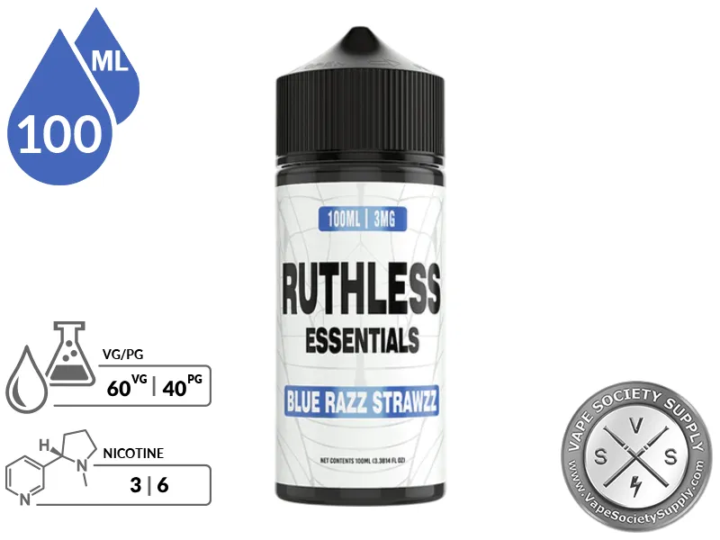 Blue Razz Strawzz Ruthless Essentials 100ml bottle with a 60/40 VG/PG icon and nicotine strength icons
