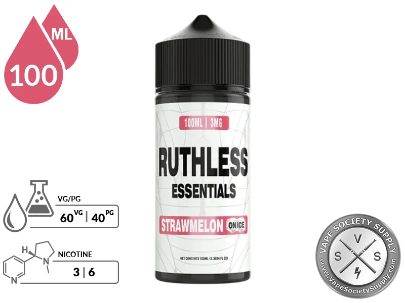 Strawmelon On Ice Ruthless Essentials 100ml bottle with a 60/40 VG/PG icon and nicotine strength icons