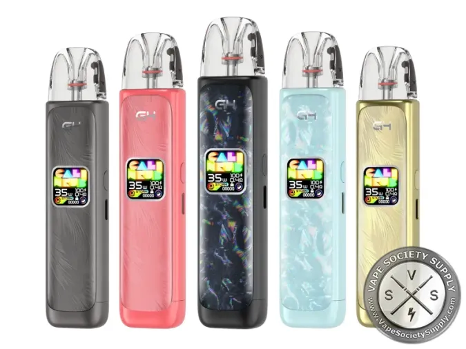 Five Uwell Caliburn G4 pod kits in Gunmetal Grey, Flamingo Red, Polar Black, Glacier Blue and Sahara Gold