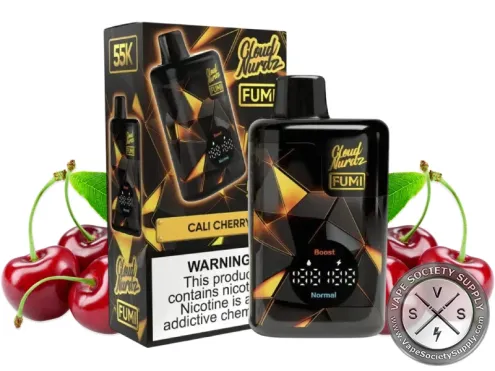 FUMI x Cloud Nurdz Cali Cherry disposable vape with its box, next to cherries