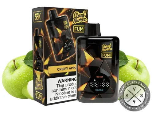 FUMI x Cloud Nurdz Crispy Apple disposable vape with its box, next to green apples