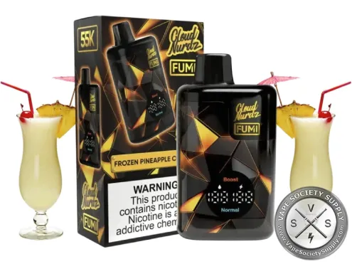 FUMI x Cloud Nurdz Frozen Pineapple Colada disposable vape with its box, next to glasses of pina colada