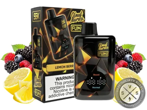 FUMI x Cloud Nurdz Lemon Berry disposable vape with its box, next to lemons, blackberries, raspberries and blueberries