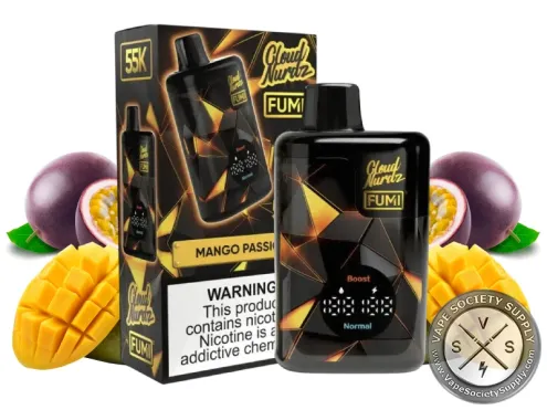 FUMI x Cloud Nurdz Mango Passion disposable vape with its box, next to mangoes and passion fruit