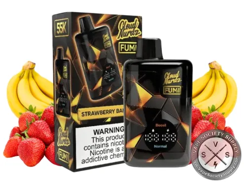 FUMI x Cloud Nurdz Strawberry Banana disposable vape with its box, next to bananas and strawberries