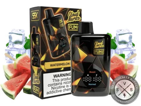 FUMI x Cloud Nurdz Watermelon Ice disposable vape with its box, next to watermelon slices and ice cubes