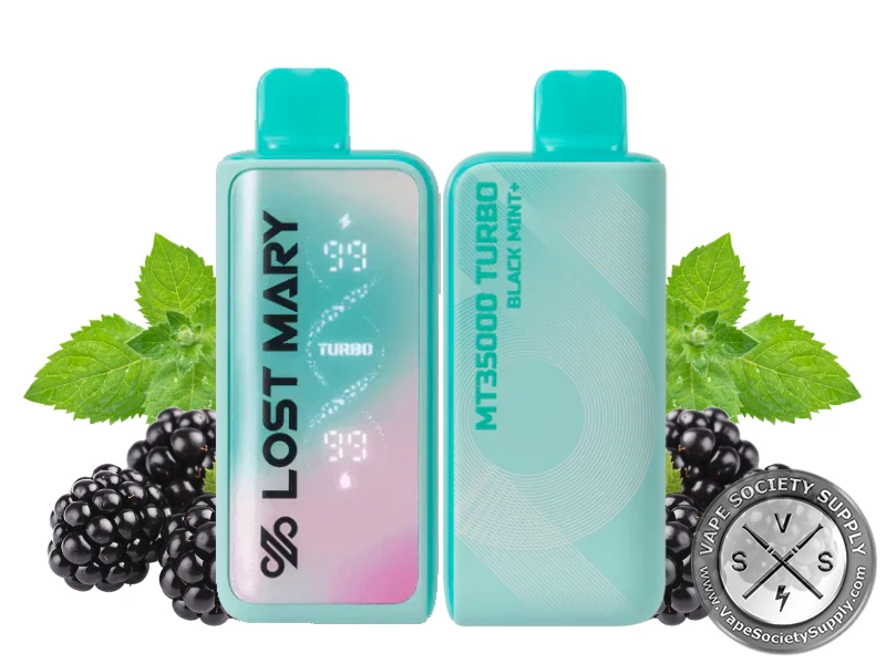 Lost Mary MT35K Turbo Black Mint+ disposable vape in teal, front and back, next to blackberries and mint leaves