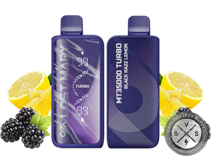Lost Mary MT35K Turbo Black Razz Lemon disposable vape in navy, front and back, next to lemons and blackberries