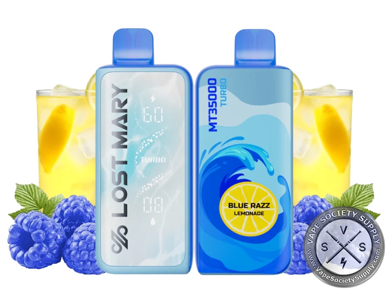 Lost Mary MT35K Turbo Blue Razz Lemonade disposable vape in blue, front and back, next to blue raspberries and glasses of lemonade