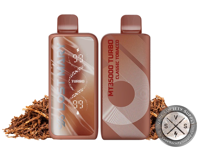 Lost Mary MT35K Turbo Classic Tobacco disposable vape in brown, front and back, next to loose tobacco