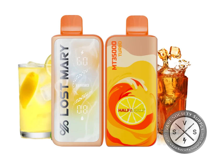 Lost Mary MT35K Turbo Half and Half disposable vape in orange, front and back, next to a glass of lemonade and a glass of iced tea