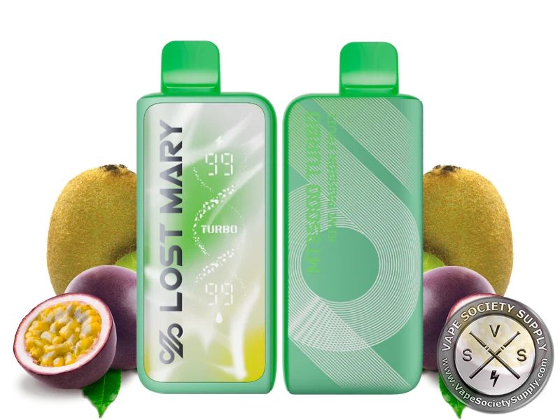 Lost Mary MT35K Turbo Kiwi Passion Fruit disposable vape in green, front and back, next to kiwis and passion fruit