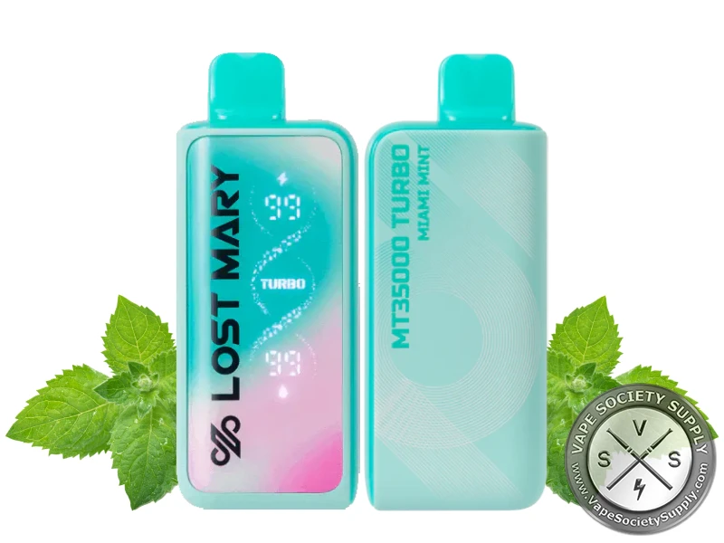 Lost Mary MT35K Turbo Miami Mint disposable vape in teal, front and back, next to mint leaves