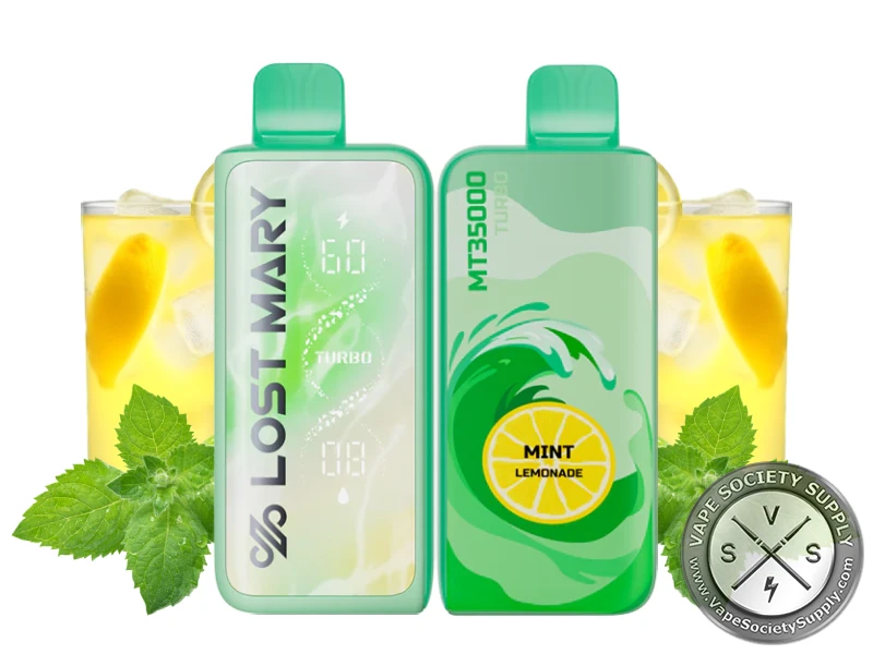 Lost Mary MT35K Turbo Mint Lemonade disposable vape in green, front and back, next to mint leaves and glasses of lemonade