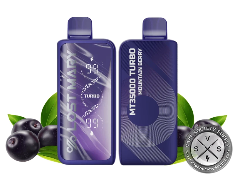 Lost Mary MT35K Turbo Mountain Berry disposable vape in navy, front and back, next to dark berries