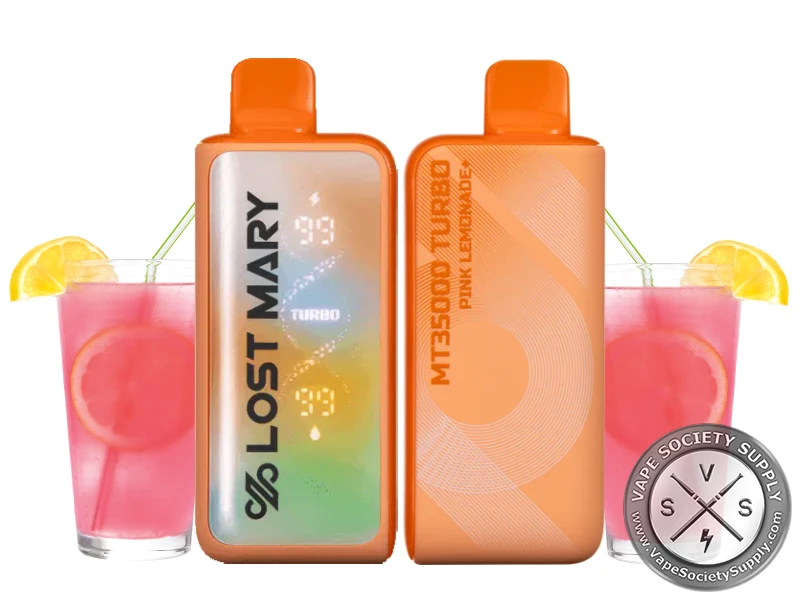 Lost Mary MT35K Turbo Pink Lemonade+ disposable vape in orange, front and back, next to glasses of pink lemonade with lemon slices
