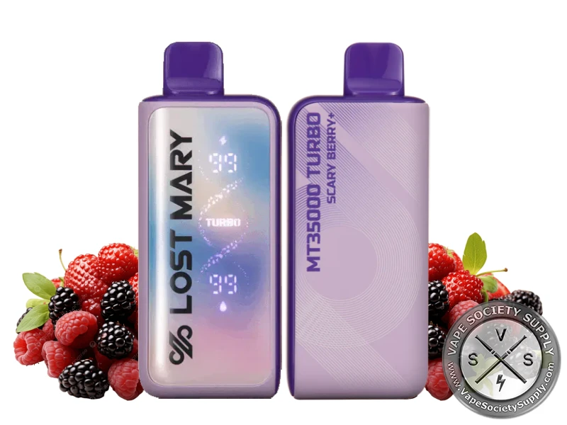 Lost Mary MT35K Turbo Scary Berry+ disposable vape in purple, front and back, next to mixed berries