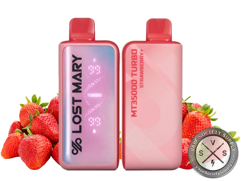Lost Mary MT35K Turbo Strawberry+ disposable vape in red, front and back, next to strawberries