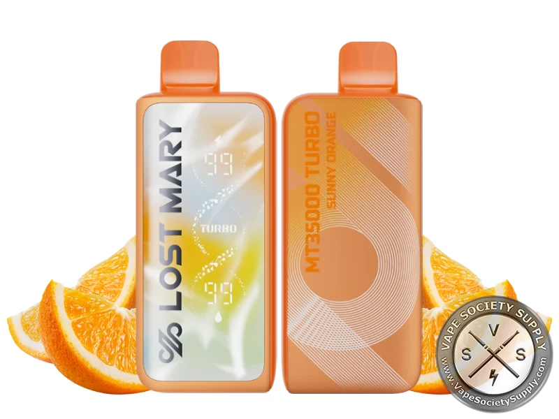 Lost Mary MT35K Turbo Sunny Orange disposable vape in orange, front and back, next to orange slices