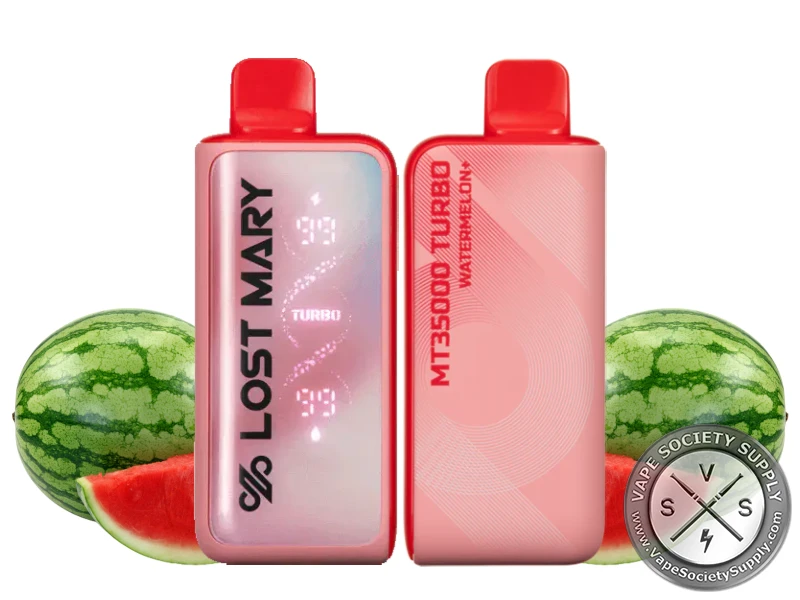 Lost Mary MT35K Turbo Watermelon+ disposable vape in red, front and back, next to watermelons