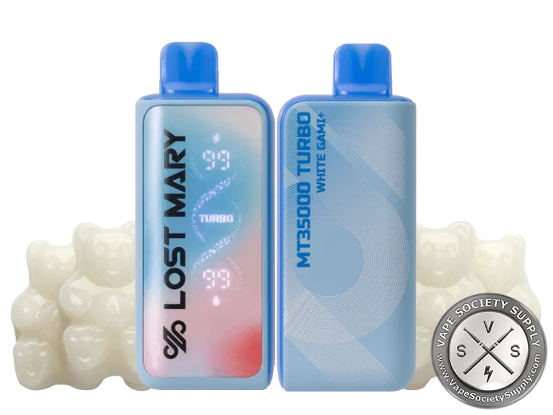 Lost Mary MT35K Turbo White Gami+ disposable vape in blue, front and back, next to white gummy bears