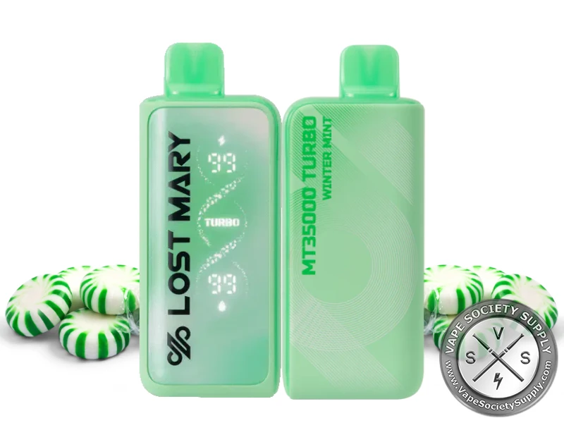 Lost Mary MT35K Turbo Winter Mint disposable vape in green, front and back, next to green and white peppermint candies